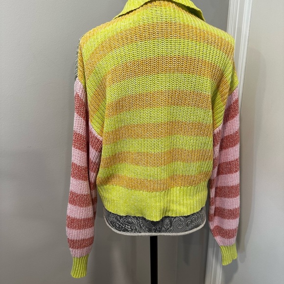 Sincerely Jules Collared Quarter Zip Sweater Neon Striped Cropped Color Block XL - Picture 11 of 11